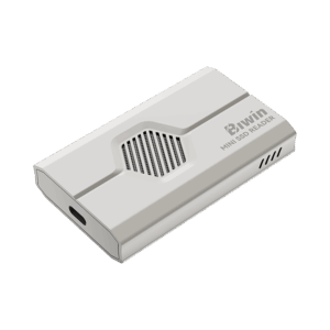 Angled isometric view of the white Biwin Mini SSD Reader, showing the central hexagonal ventilation grille, the USB-C port on the bottom edge, and the gray branding logo on the face.