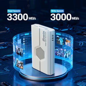 Marketing graphic displaying the Biwin Mini SSD Reader with "3300 MB/s" read and "3000 MB/s" write speeds, illustrated with holographic media windows surrounding the device.