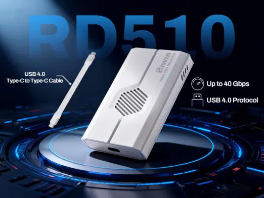 Promotional image of the Biwin RD510 showing the device and a USB 4.0 Type-C cable, highlighting "Up to 40 Gbps" speed and support for the "USB 4.0 Protocol".
