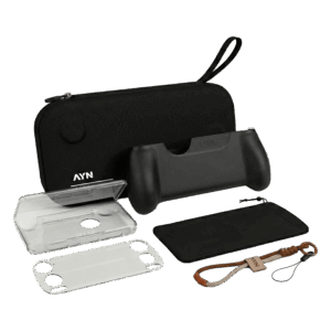 An accessory bundle for the AYN Thor handheld gaming console, displayed on a plain white background. The collection includes: A black hardshell carrying case with a wrist strap and the white "AYN" logo in the bottom left corner. An ergonomic black grip designed to be attached to the console for better handling. A transparent protective shell (TPU or plastic) for the device's exterior. A screen protector with precision cutouts for buttons and joysticks. A black microfiber cleaning cloth or soft pouch. A braided wrist lanyard in shades of brown and tan, featuring an "AYN" branded leather-like accent.