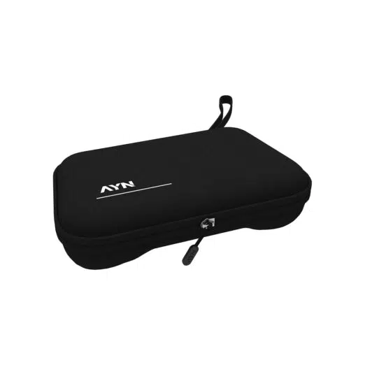 A black hardshell carrying case for the AYN handheld, shown from a direct front angle on a white background. The front surface displays a white AYN logo with a horizontal underline on the left side. The top of the case features two circular molded indentations to provide space for the device's analog sticks. It includes a zipper closure with a branded pull tab and a black fabric wrist strap.