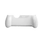 A white ergonomic grip for a handheld gaming console. The accessory features textured, rounded handles on both sides for improved comfort. The center back is smooth, featuring a small "AYN" logo engraved on a ridged section near the top. The top edge has a wide cutout to accommodate the device's ports and cooling vents.