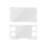 A set of two clear tempered glass screen protectors displayed against a white background. The top protector is a standard rectangular shape with rounded corners. The bottom protector is precision-cut to fit a specific handheld console, featuring circular and pill-shaped cutouts for joysticks, buttons, and speakers, as well as a small rectangular notch at the bottom edge.