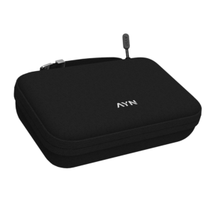 A black, contoured protective carrying case for an AYN handheld console. The top features the "AYN" logo in white above a horizontal line. The case includes a wraparound zipper with a branded pull tab and a small integrated wrist loop, set against a plain white background.