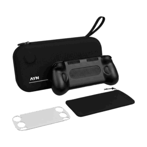 A bundle of black gaming accessories including a hardshell carrying case with the AYN logo, an ergonomic handheld console grip, a soft storage pouch, and a clear screen protector.