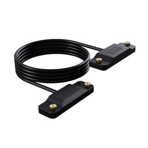 An image of the ONEXPLAYER APEX Battery Interface cable. The product consists of a long, coiled black cable connecting two identical, rectangular black plastic blocks. Each block features the "APEX battery interface" logo embossed on the top surface and is equipped with two small, gold-colored knurled thumbscrews at the ends for secure attachment. The entire assembly is displayed against a solid black background.