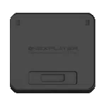 ONEXPLAYER-APEX-BATTERY-DOCK-LISTING-DONE-01 A top-down view of the ONEXPLAYER APEX Battery Dock, a square-shaped, matte black electronic accessory with rounded corners. The center of the device features the embossed ONEXPLAYER logo, followed by the slogan "ENERGY ANCHOR, NATURALLY STRONG". There are two small rectangular indentations near the top corners and a larger, recessed rectangular port or connection area located at the bottom center of the face.