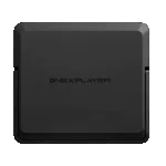 ONEXPLAYER-APEX-BATTERY-LISTING-DONE-01 A top-down view of a matte black, square electronic device featuring the "ONEXPLAYER" logo centered on the lid. The device has rounded corners, beveled edges, and a visible hinge mechanism on the left and right sides, suggesting it is a foldable or clamshell-style handheld gaming console or laptop accessory. The entire object is set against a solid black background.