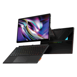 An image featuring the OneXPlayer SuperX, a 2-in-1 gaming tablet and laptop. The device is shown from three angles: Center: The tablet stands upright, displaying a vibrant, fluid abstract wallpaper in shades of purple, gold, and blue. Foreground: A slim, detachable black keyboard with RGB-backlit keys and a trackpad is angled toward the viewer. Background: The rear of the device is visible, showcasing a sleek black matte finish with geometric accents, a triangular light-up element, and the "SUPERX" logo in a rainbow gradient. The overall design is modern and industrial, featuring a high-resolution display and Harman AudioEFX branding on the back.