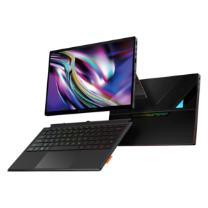 A sleek black portable gaming laptop/tablet hybrid with a detachable RGB-backlit keyboard and a large vibrant display showing a colorful abstract swirl. The device is propped up on a stand, with visible side ports and a modern angular design.