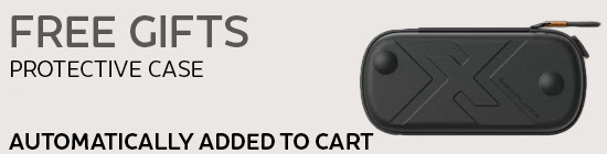 Promotional banner for a free protective case gift, automatically added to cart. The image features a black hardshell carrying case with a large X logo.