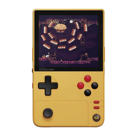 A portrait, front-facing product shot of the Ayaneo Pocket DMG handheld console in a vibrant mustard yellow finish. The device features a black D-pad, a black analogue stick on the bottom-left, and a mix of red and black face buttons. The screen is framed by a black bezel with the "AYANEO POCKET DMG" logo in the corner and displays pixel art gameplay from The Binding of Isaac. Two small red "Start" and "Select" buttons are located on the bottom right, and the entire unit is centered against a solid black background.