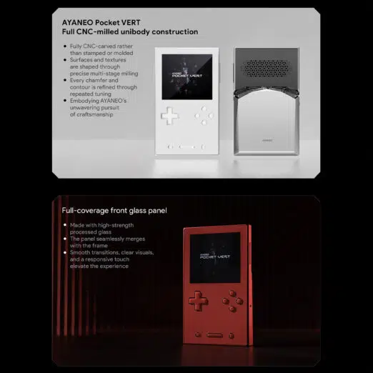 Product diagrams explaining the AYANEO Pocket VERT build quality, featuring the full CNC-milled unibody construction and the seamless, high-strength front glass panel that merges with the frame.