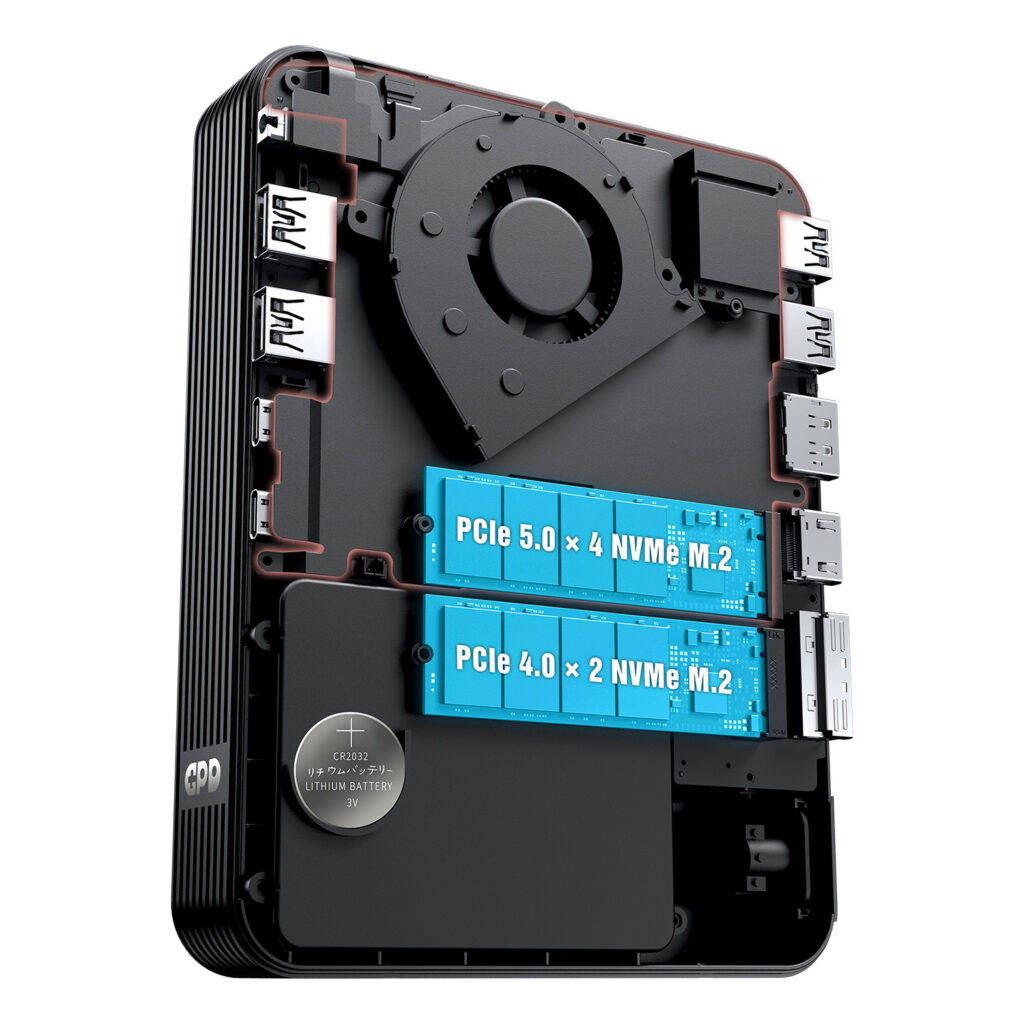 GPD BOX 2 Internal layout diagram of a compact GPD computer or dock. The image shows a large black centrifugal cooling fan at the top, two blue-highlighted M.2 SSD slots labeled "PCIe 5.0 x 4 NVMe M.2" and "PCIe 4.0 x 2 NVMe M.2," and a silver CR2032 lithium battery. Various internal port headers are visible along the edges of the black chassis.