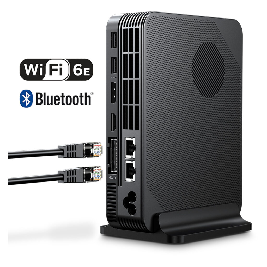 GPD BOX 3 A marketing graphic of a GPD eGPU/docking station highlighting its connectivity. The rear panel is shown with various ports labeled, including two RJ45 Ethernet ports with cables pointed toward them, an MCIO (OCulink) port, HDMI, DisplayPort, and multiple USB-A ports. Icons for Wi-Fi 6E and Bluetooth indicate wireless capabilities.