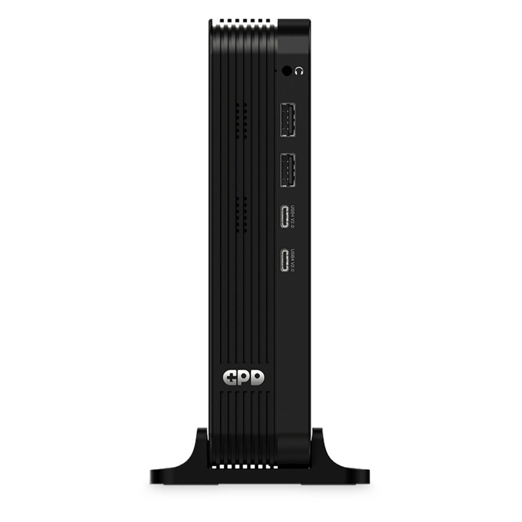 GPD BOX 1 A vertical product shot of the front I/O panel of a black GPD eGPU or mini-PC. The device features a ribbed texture and is mounted in a stable black desk stand. From top to bottom, the ports include a headphone jack, two USB 3.2 Type-A ports, and two USB4 Version 2.0 Type-C ports. The silver GPD logo is positioned near the base.