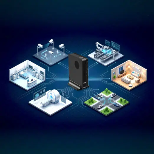 Isometric infographic showing the GPD Box Mini PC as a hub for smart city surveillance, robotics, healthcare MRI systems, and smart home automation.