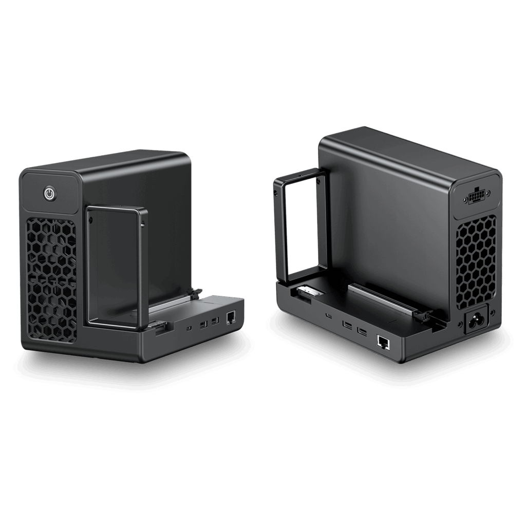 GPD-G2-LISTING-DONE-01 - DROIX GPD G2 eGPU external graphics card enclosure, shown in two perspectives against a black background, with visible ports, power supply, and internal PCIe slot for custom GPU installation.