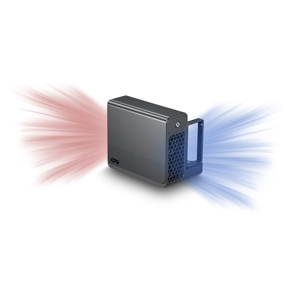 GPD G2 5 The GPD G2 external GPU enclosure in Gunmetal, featuring a visual representation of the active cooling system with blue intake and red exhaust airflow indicators.