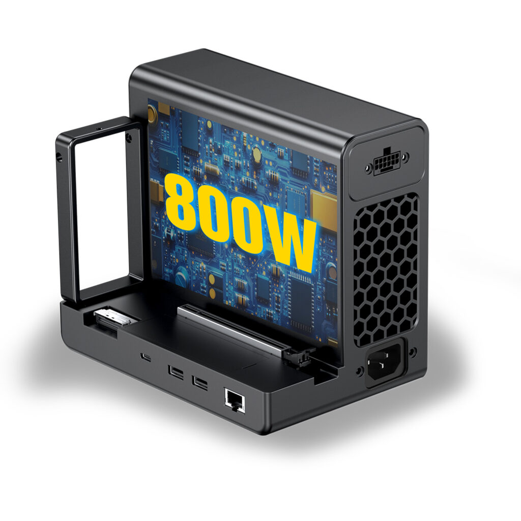 GPD G2 2 Rear view of the GPD G2 eGPU enclosure highlighting the internal 800W Gold-rated power supply, PCIe Gen 5 slot, and the 12V-2x6 GPU power connector interface.