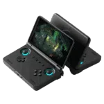 The Retroid Pocket Flip 2 Handheld game console in sleek Black, showing the clamshell design with cyan LED-ringed 3D Hall sticks and 1080p display.