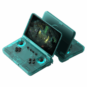 A transparent Ice Blue Retroid Pocket Flip 2 Handheld game console displaying internal circuitry, active-cooling vents, and vibrant LED-backlit analogue controls.