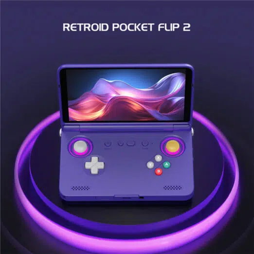 Open purple handheld gaming console with glowing purple ring lights and a vibrant screen; title 'RETROID POCKET FLIP 2' above it