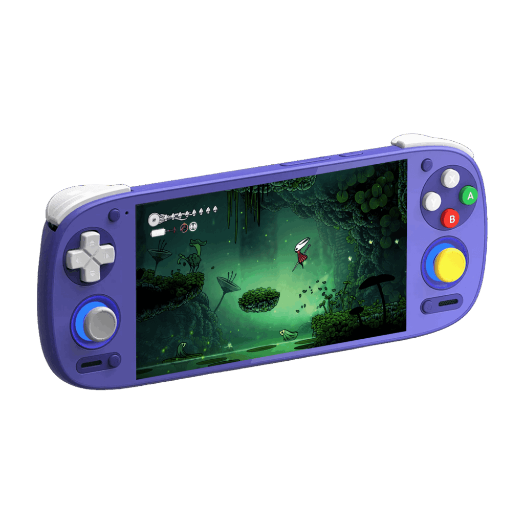 Purple handheld game console with left D-pad and analog stick, right A/B/X/Y buttons and yellow joystick; screen shows a green forest video game scene.