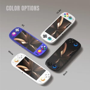 Group shot of the Retroid Pocket 5 Handheld in all four color variants: 16-Bit Grey, GC Indigo Purple, Minimalist White with orange LEDs, and Classic Black with blue LEDs
