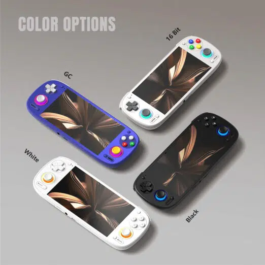 Group shot of the Retroid Pocket 5 Handheld in all four color variants: 16-Bit Grey, GC Indigo Purple, Minimalist White with orange LEDs, and Classic Black with blue LEDs