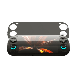 A high-resolution product render of the Retroid Pocket 5 gaming handheld on a black background. The device features a vibrant screen display and glowing teal rings around the dual joysticks. A semi-transparent screen protector is shown hovering above the device, illustrating how its custom cutouts align perfectly with the D-pad, action buttons, and joysticks.