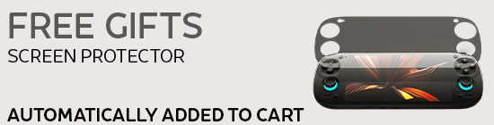 A long, narrow banner ad on a plain, neutral background shows text on the left and a gaming device with a screen protector in the upper-right corner. The large grey text reads: FREE GIFTS (bold), with a smaller line of text below that says: SCREEN PROTECTOR. At the bottom-left corner in black bold text: AUTOMATICALLY ADDED TO CART. On the right, a black gaming device with glowing teal analog sticks is shown on top of a larger, shadowy shape that resembles a back cover. A clear screen protector is slightly offset over the main screen, showing a partial fit.