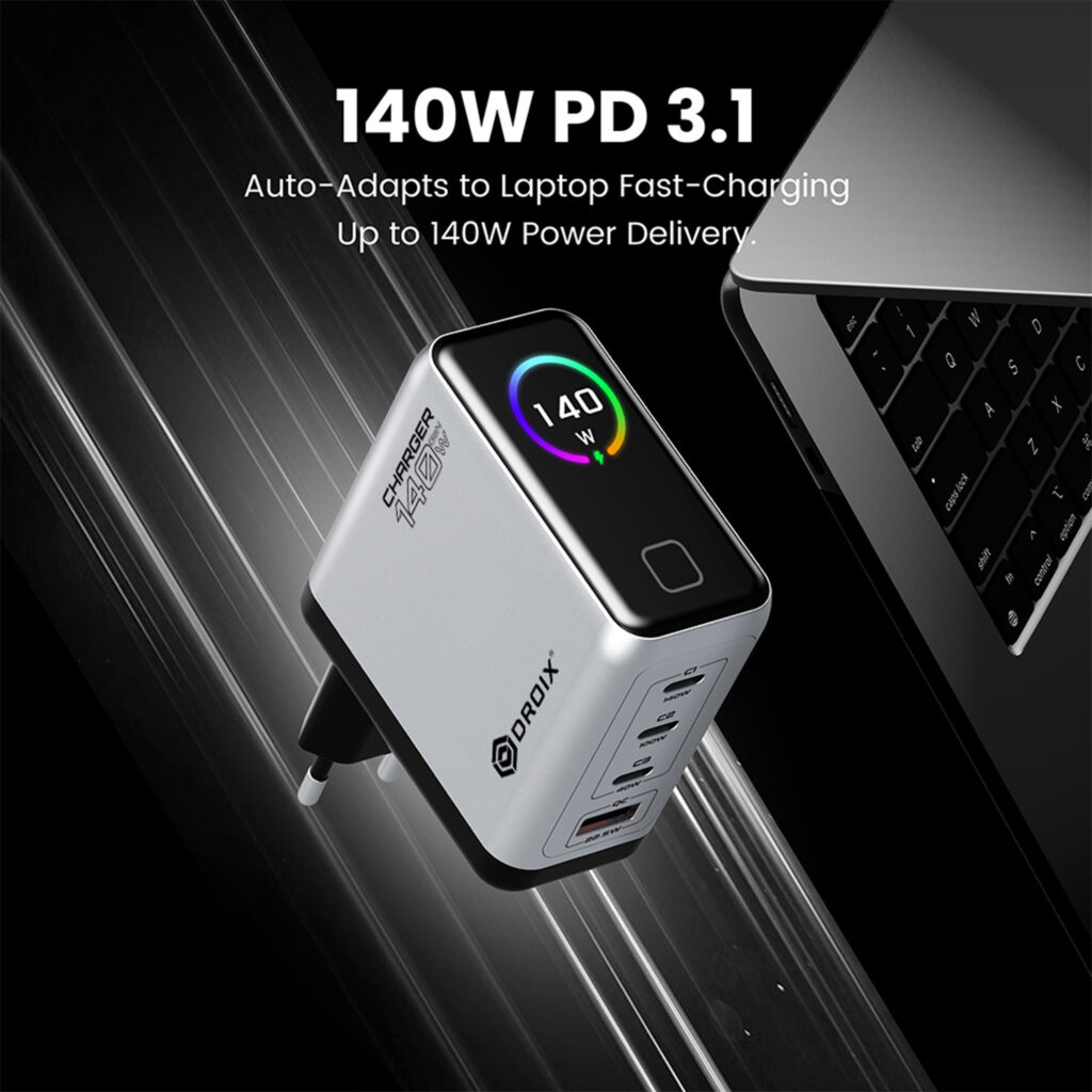 DROIX 140W USB-C Wall Charger 4 A close-up shot of the silver DROIX 140W charger showing its four ports and integrated visual display. The text emphasizes "140W PD 3.1" technology, highlighting its ability to auto-adapt and fast-charge high-performance laptops.