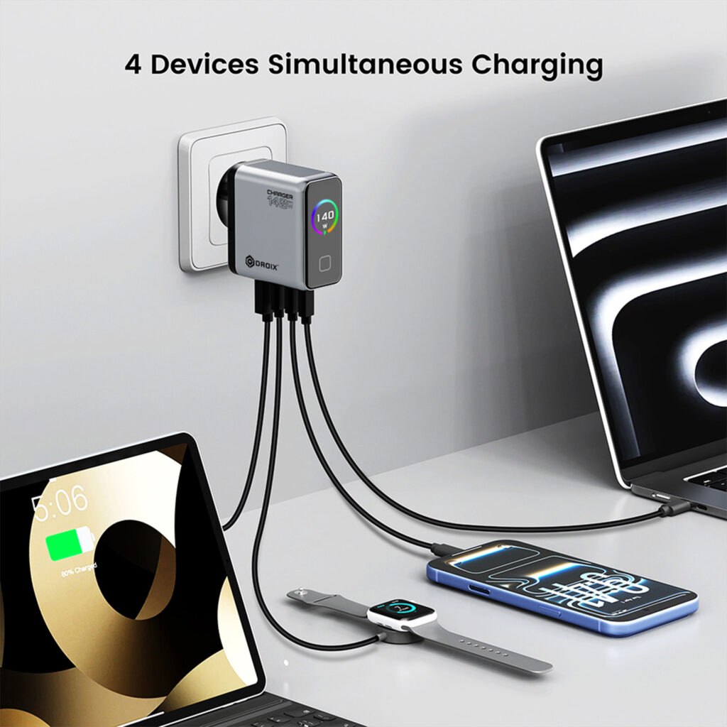 DROIX 140W USB-C Wall Charger 3 A DROIX 140W USB-C Wall Charger plugged into a wall socket, simultaneously charging four devices including a laptop, tablet, smartphone, and smartwatch. The image highlights the "4 Devices Simultaneous Charging" capability with four cables connected to the bottom of the unit.