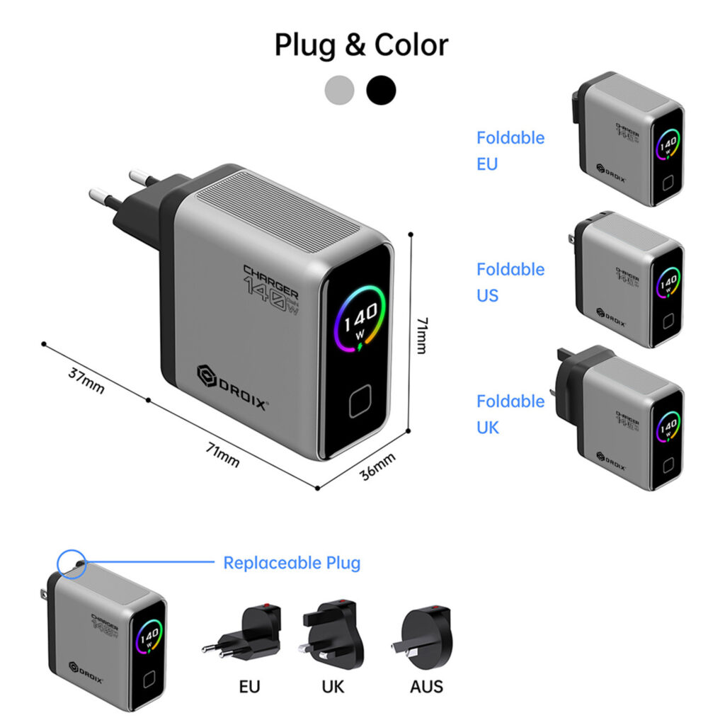 DROIX 140W USB-C Wall Charger 2 Droix 140W charger with foldable EU/US plug options and dimensions shown on a white background