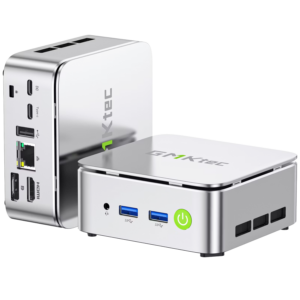 Three-quarter product shot of two silver GMKtec G10 Mini PCs on a black background, showcasing the reflective metallic chassis, the front ports with the green power button, and the rear I/O connectivity options.