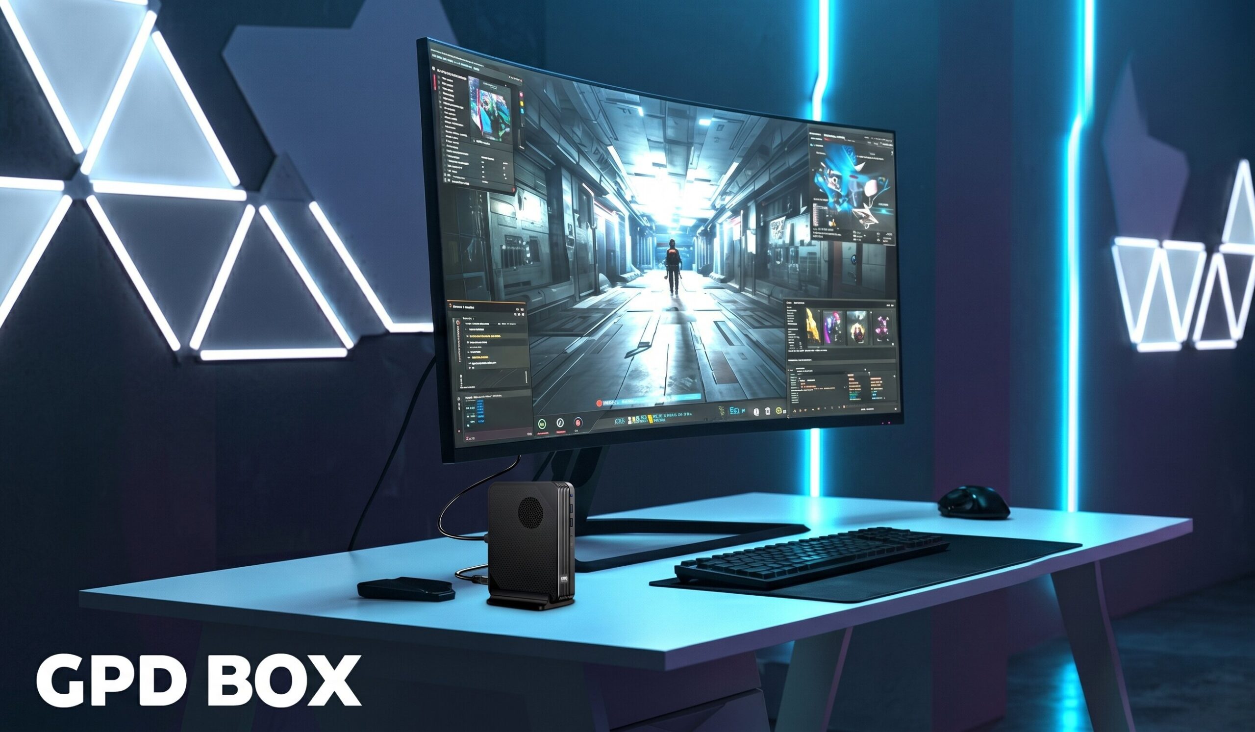 Curved monitor on a neon-lit blue desk displaying a sci‑fi game interface, with a small GPD Box computer on the stand and a keyboard and mouse in front. Neon geometric wall design in the background.