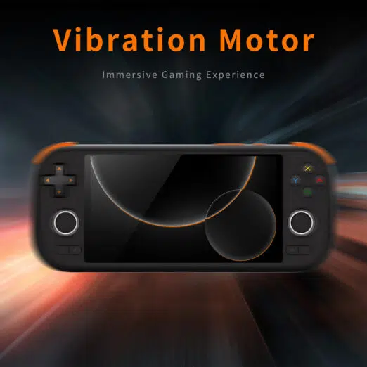 Front view of the MANGMI AIR X handheld console with a motion blur overlay to visually represent the dual vibration motors for haptic feedback.
