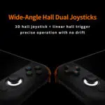 Close-up of the MANGMI AIR X premium controller deck showcasing wide-angle 3D Hall effect analog sticks with illuminated orange RGB rings and a custom d-pad layout.