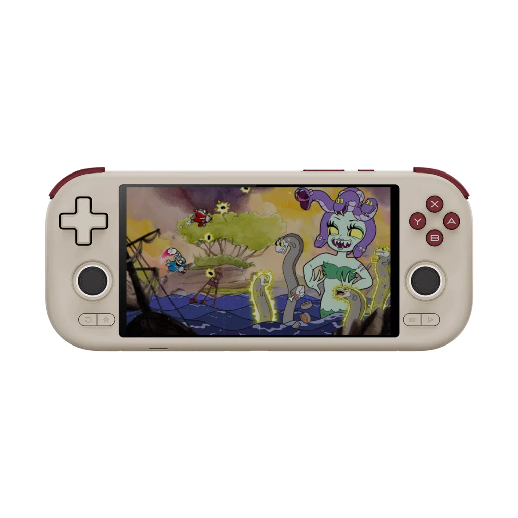 A retro-inspired grey Android handheld gaming console with dark burgundy shoulder buttons and face buttons, displaying a vibrant cartoon boss battle scene on its 6-inch touchscreen display against a solid black background.