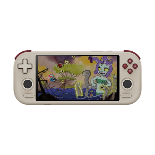 A retro-inspired grey Android handheld gaming console with dark burgundy shoulder buttons and face buttons, displaying a vibrant cartoon boss battle scene on its 6-inch touchscreen display against a solid black background.