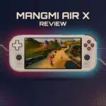 Promotional graphic for a "MANGMI AIR X REVIEW" showing a beige handheld gaming console playing a 3D platformer game against a dark, neon-lit background.