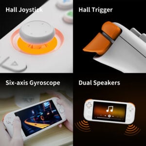 A 4-panel infographic detailing hardware specifications of the MANGMI AIR X premium controls including tactile Hall triggers, six-axis gyroscope, and stereo dual speakers.