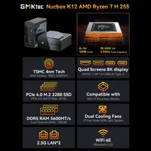 A product shot showing two identical compact mini PCs on a solid black background. One unit sits horizontally in the foreground, displaying its front panel with a glowing green power button, three USB-A ports, a Type-C port, and a headphone jack. The second unit is placed vertically directly behind it, showcasing its sleek gray side panel with the "GMKtec" logo and a view of the rear I/O connectivity ports.