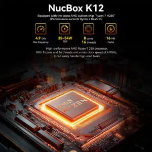 A promotional graphic highlighting the processor of the NucBox K12 mini PC. The top features a summary of the AMD custom chip "Ryzen 7 H255," listing a 4.9 GHz max frequency, 35 to 54W TDP, 8 cores with 16 threads, and a 16MB cache. The bottom half is a stylized, close-up digital rendering of the glowing orange AMD Ryzen CPU integrated onto a complex circuit board layout.