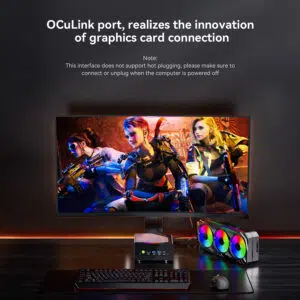 A gaming setup advertisement emphasizing the mini PC's OCuLink port capability. A curved computer monitor displays a vibrant action video game scene. On the desk below, the compact mini PC is connected directly to a large, external desktop graphics card featuring three glowing RGB cooling fans, demonstrating an external GPU connection. A gaming keyboard and mouse are neatly arranged in the foreground.