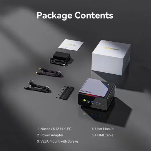 A clean product breakdown graphic titled "Package Contents" over a dark gray reflective surface. It lists and displays five items laid out neatly: 1. Nucbox K12 Mini PC, 2. Power Adapter, 3. VESA Mount with Screws, 4. User Manual, and 5. HDMI Cable. The premium white product packaging box with a gold "GMKtec" logo stands in the background.