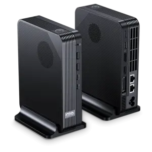 GPD BOX Mini PC pair in matte black, angled on stands with ribbed vents, USB ports and rear Ethernet visible