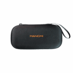 Closed exterior view of the MANGMI Air X Carrying Case on a black background, highlighting its rigid hard-shell design with a black carbon-fiber diagonal texture, a vibrant orange "MANGMI" logo across the center, and a convenient side-attached wrist strap.