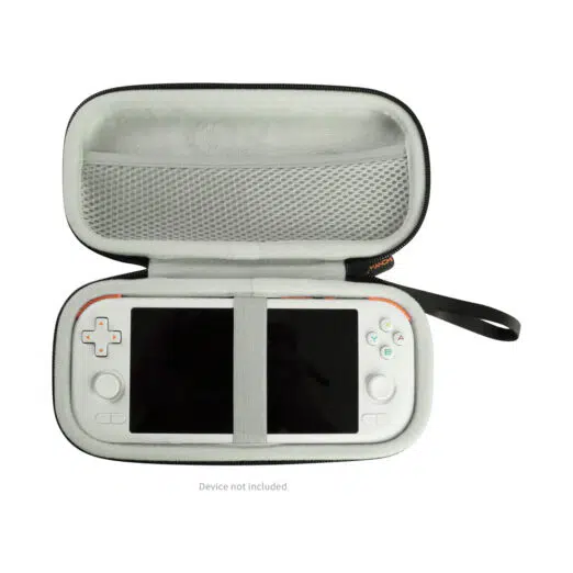 Open view of the MANGMI Air X Carrying Case on a white background, demonstrating a white handheld gaming console safely secured inside the light-gray plush bottom compartment using a central elastic security strap. The upper lid features a zippered mesh accessory pocket, with a "Device not included" disclaimer at the bottom.